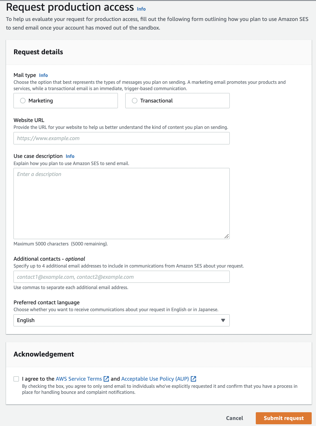 ses sandbox form